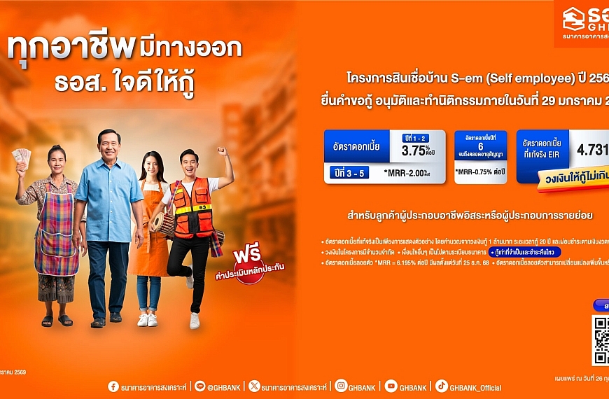 ทุกอาชีพมีทางออก ธอส. ใจดีเตรียมวงเงิน 5,000 ล้านบาท มีบ้านในฝันได้ง่าย ๆ กับสินเชื่อบ้าน S-em (Self employee)&hellip;